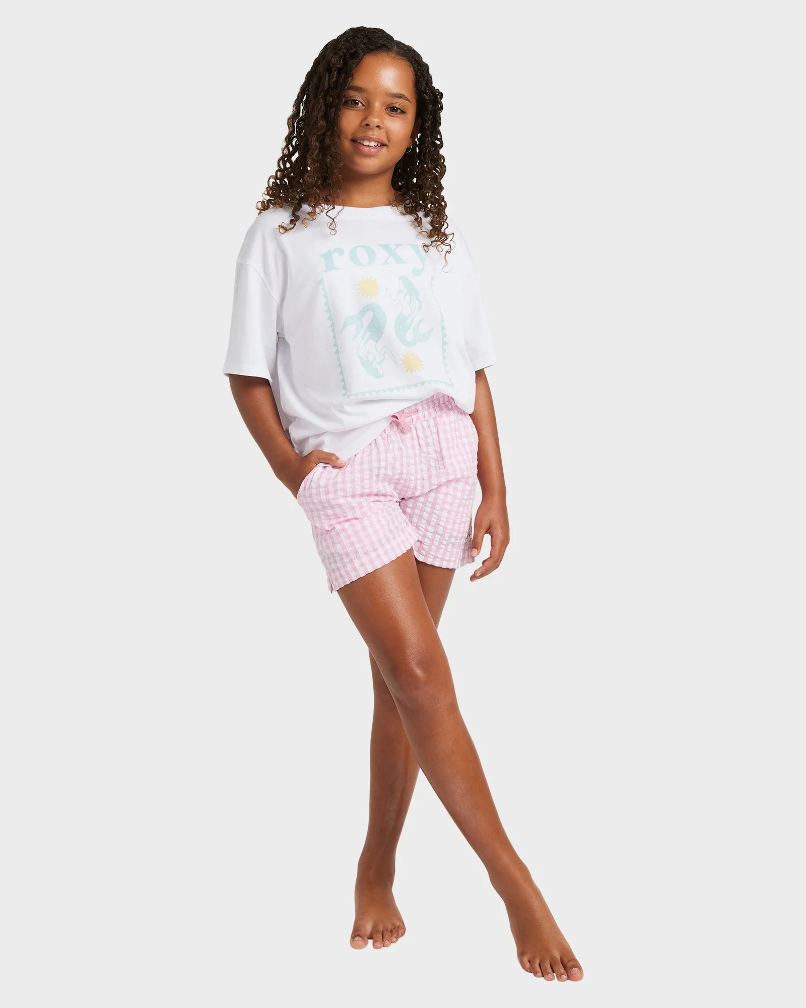 Girls 8-16 Daisy Check Lekeito Elastic Waist Shorts - Image 5